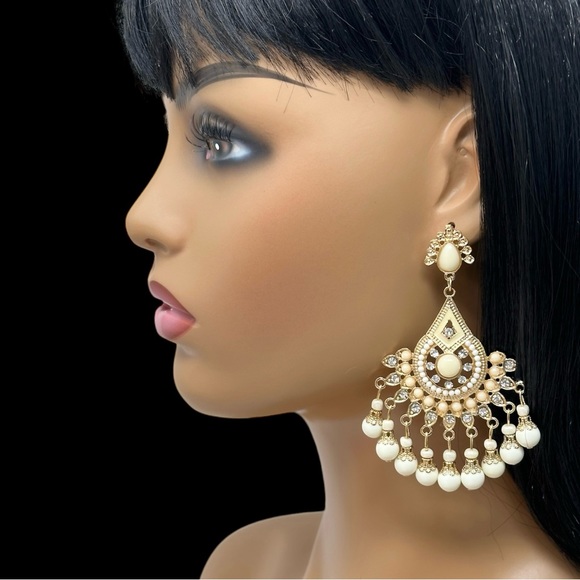 Large Cream Bead Chandelier Statement Drop Earrings - Picture 3 of 3